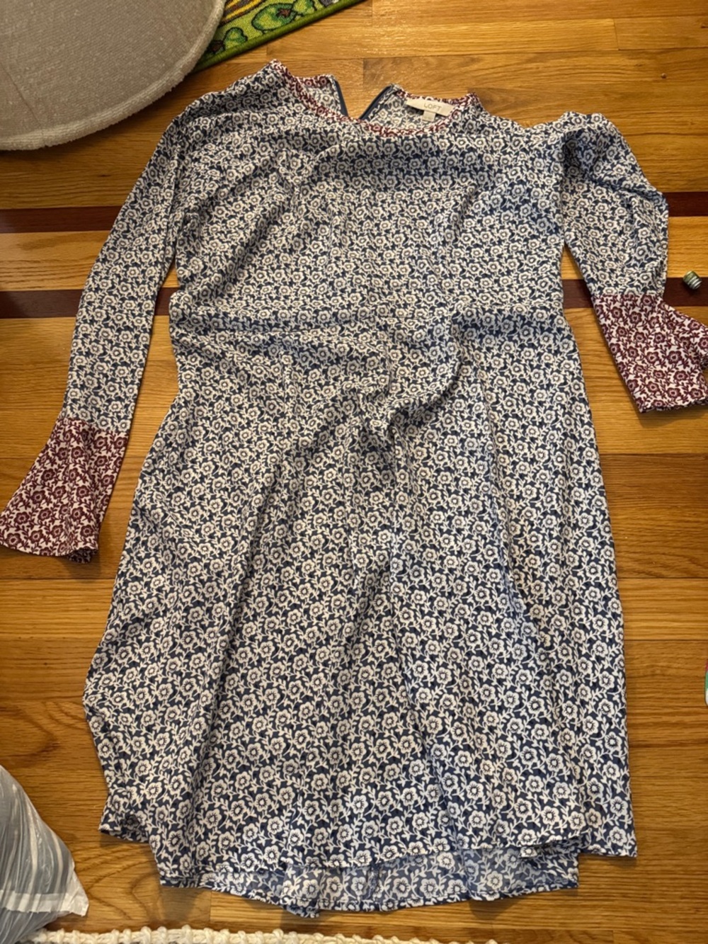 LOFT Blue and White Floral Long Sleeve Dress with Maroon Cuffs